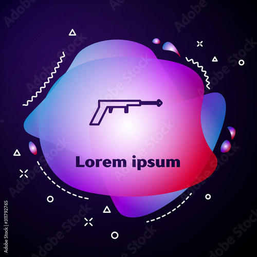 Purple line Fishing harpoon icon isolated on blue background. Fishery manufacturers for catching fish under water. Diving underwater equipment. Abstract banner with liquid shapes. Vector Illustration