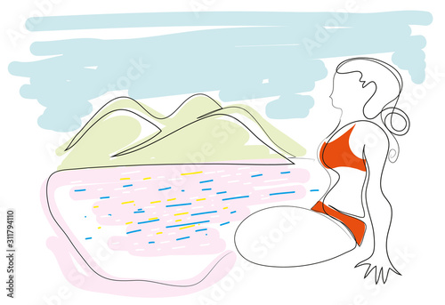 One continuous line drawing of woman sitting near the seaside. Simple line art drawing of bikini woman and seaside backgorund.