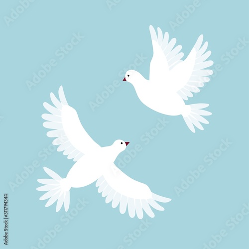 Decorative white dove. Pingeon bird. Flying in sky. Cute cartoon flat design.