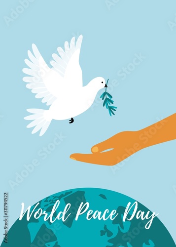 Peace Day poster with white pigeon holding an olive branch. Dove giving peace symbol to a human hand over the earth globe.