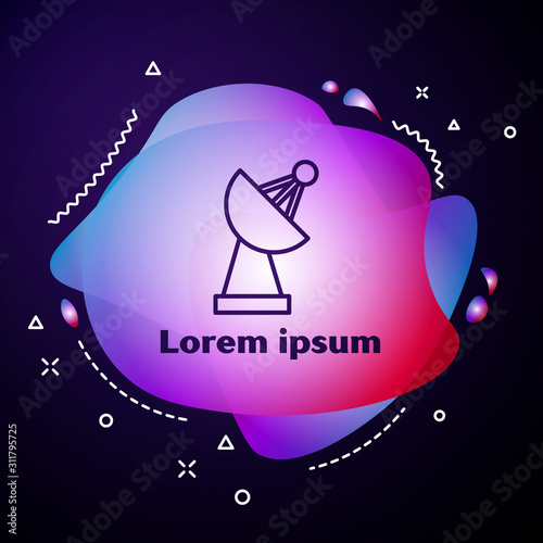 Purple line Radar icon isolated on blue background. Search system. Satellite sign. Abstract banner with liquid shapes. Vector Illustration