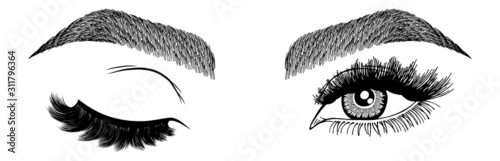 Illustration with woman's eye wink, eyebrows and eyelashes. Makeup Look. Tattoo design. Logo for brow bar or lash salon. photo