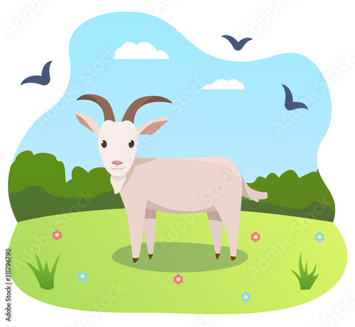 Vector illustrations of a goat in cartoon style with the nature background with forest, sky, birds and flowers.