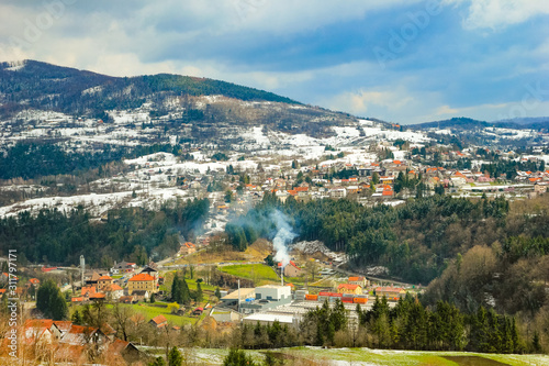 Vrbovsko, Croatia / 26th March 2019: Aerial view with snow covered town Vrbovsko in Gorski Kotar Croatia photo