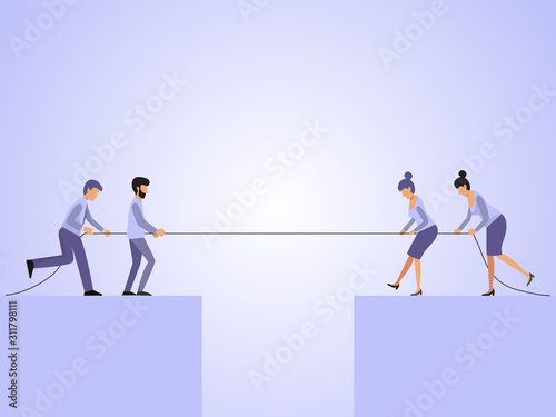 Men and women tug of war vector illustration. Business rope competition concept. Business people puling rope over the precipice.