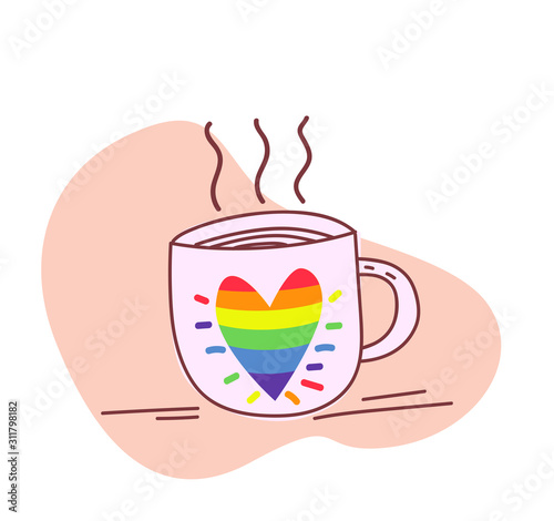 LGBT heart on coffee cup. Happy Valentines day. Vector illustration.
