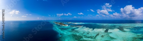 Aerial view, island Olhuveli and Bodufinolhu, South Male Atoll, Maldives