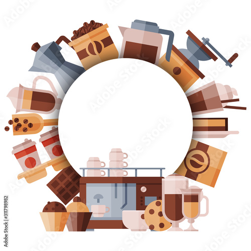 Big set of coffee equipment. Round banner with place for text. Coffee maker, mill, coffee machine and cezve vector illustration.