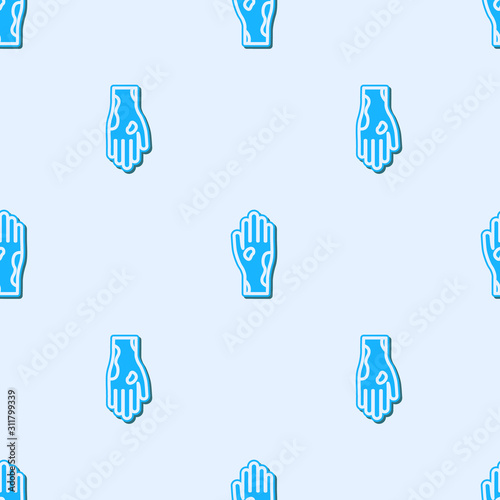 Blue line Hand with psoriasis or eczema icon isolated seamless pattern on grey background. Concept of human skin response to allergen or chronic body problem. Vector Illustration