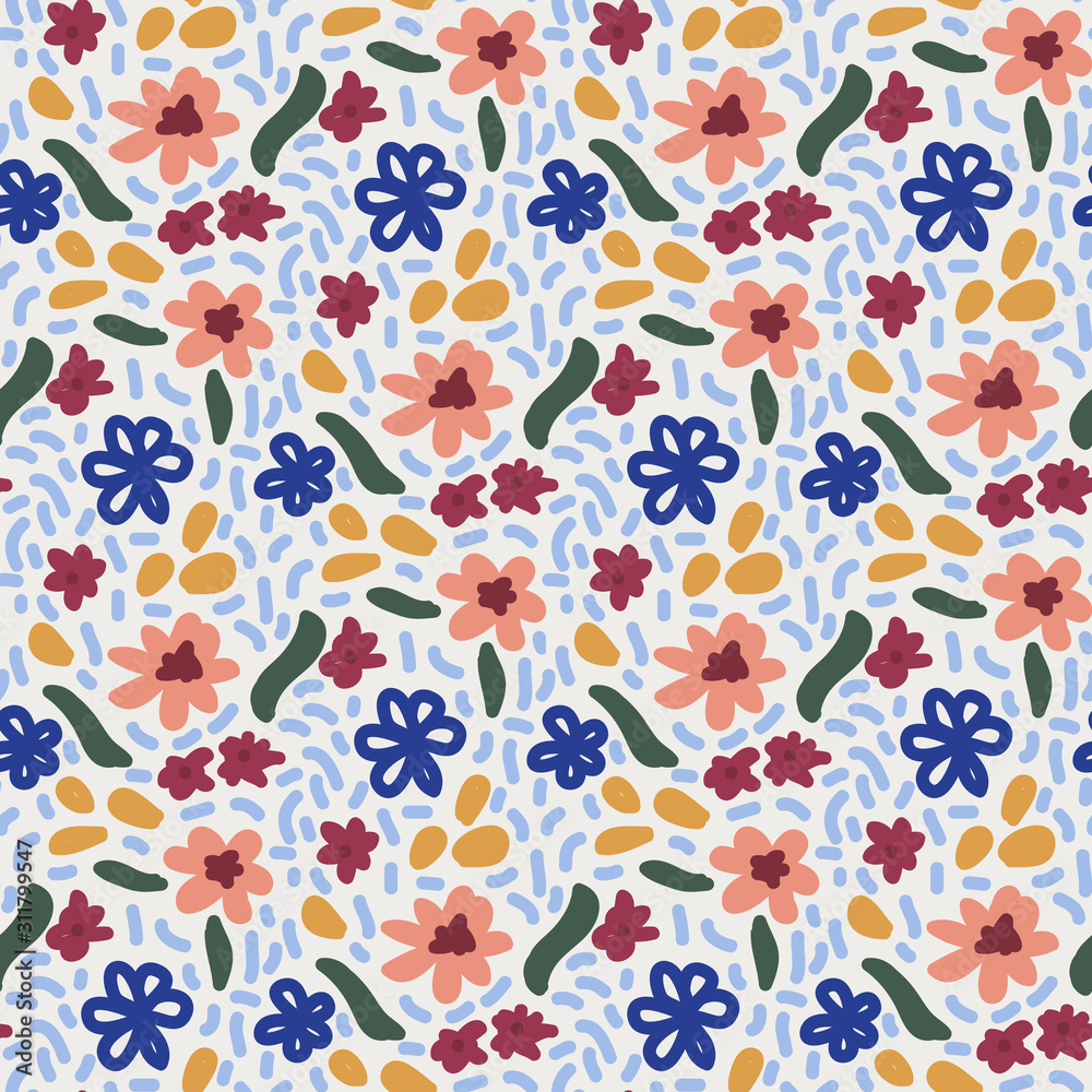 Messy naive childlike bloched floral quant graphic motif. Mottled artistic chaotic hand painted seamless repeat vector pattern swatch.