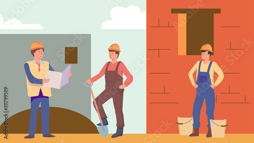 Foreman gives instructions to builders. Construction building concept . Flat vector illustration eps 10