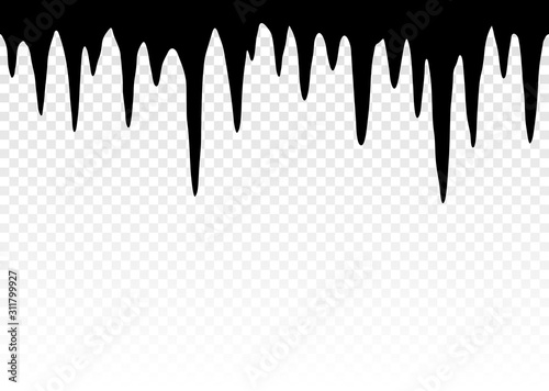 Snow icicles. Melting icicles. Paint dripping. Dripping liquid. Seamless pattern. Current paint, stains. Current inks. Stalactites outgrowths. Mineral formations. Vector illustration.