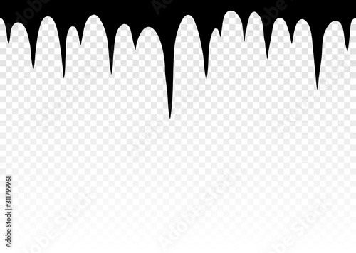 Snow icicles. Melting icicles. Paint dripping. Dripping liquid. Seamless pattern. Current paint, stains. Current inks. Stalactites outgrowths. Mineral formations. Vector illustration.