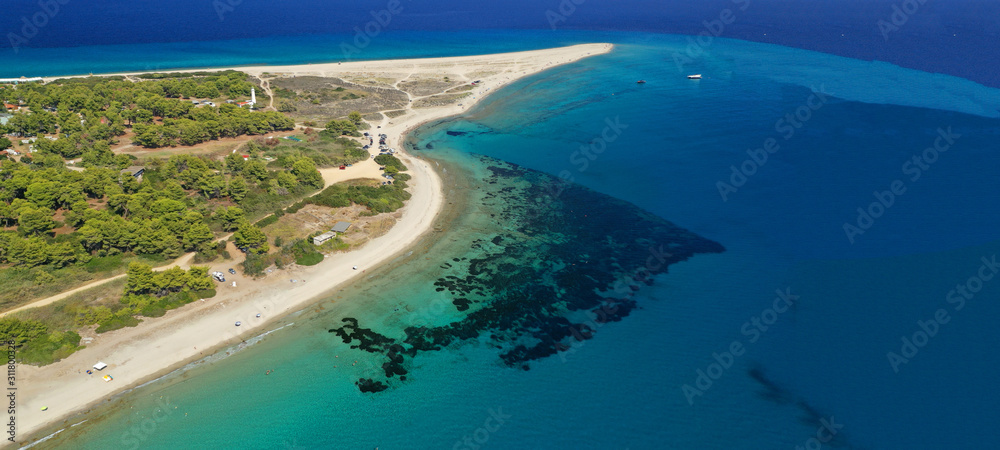 Aerial drone ultra wide photo of famous turquoise peninsula of Posidi in South Kassandra peninsula, Halkidiki, Greece