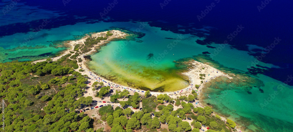 Aerial drone ultra wide photo of paradise beach of Portokali, Halkidiki, Greece