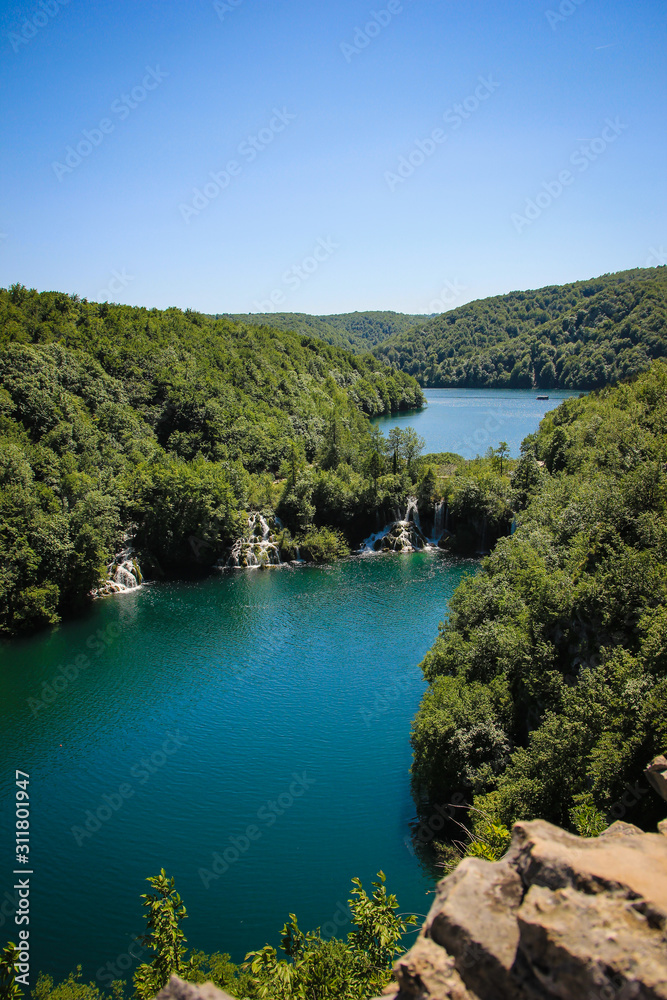 Plitvice Lakes, Croatia / 6th July 2019: Aerial view on lakes Kozjak and Milanovac, Milka Trnina waterfalls in Plitvicka Jezera UNESCO National park Plitvice Lakes, Croatia / 6th July 2019: Aerial view on lakes Kozjak and Milanovac, Milka Trnina waterfalls in Plitvicka Jezera UNESCO National park