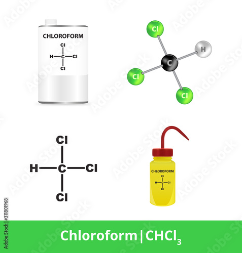 Vector chemical set with chloroform or trichloromethane CHCl3. Metal liquid container can, plastic laboratory yellow wash bottle, structural 3D molecule and simple 2D black molecule isolated on white. photo