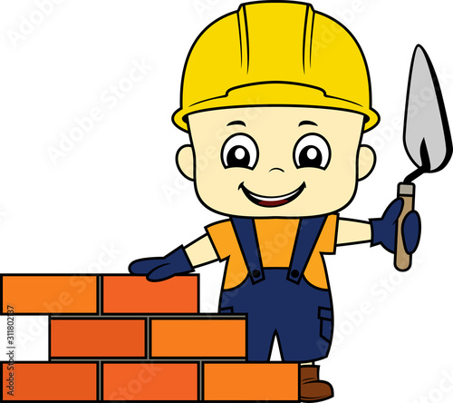 vector cartoon cute kid bricklayer masonry worker with helmet and trowel putty knife 