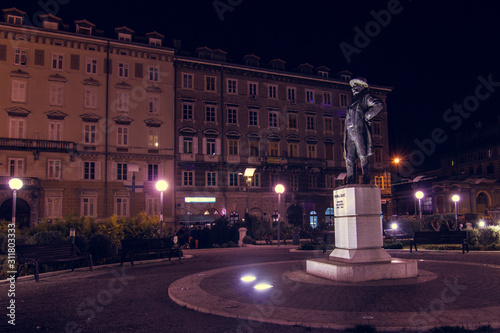 Rijeka, Croatia: December 18th 2018: Statue of Ivan pl Zajc in square at night
