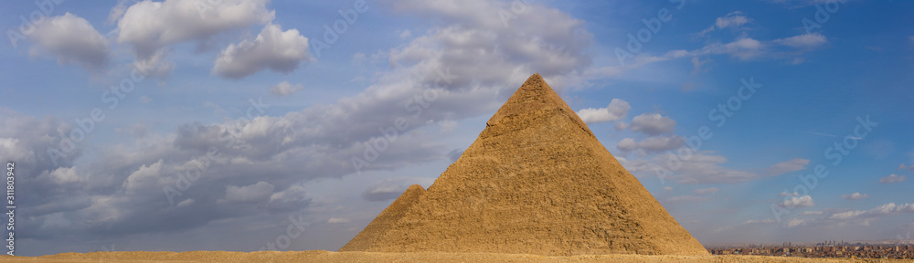 The great pyramids of Giza of Pharaohs Khufu (Cheops) and Khafre (Chephren). The first Wonder of the ancient world, located near Cairo. The great pyramids of Giza of Pharaohs Khufu (Cheops) and Khafre (Chephren). The first Wonder of the ancient world, located near Cairo.