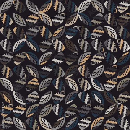 Dark leaf mosaic effect vector texture. Masculine geometric seamless melange pattern. Hand drawn variegated irregular shapes background. Textured classic blue brown hipster allover print swatch. photo