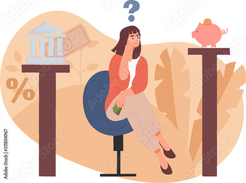 Woman choosing her finance options seated on a chair between a banking icon and piggy bank for personal savings with a question mark above, vector illustration