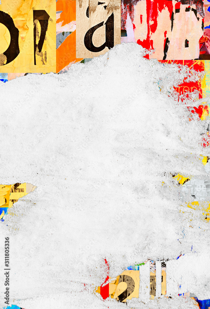 Fototapeta premium Old ripped torn posters grunge texture background creased crumpled white blank paper backdrop placard surface / Empty space for text