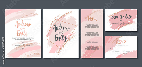 Wedding invitation card with abstract pastel pink background and gold geometric frame. Menu card, Save the Date and RSVP card templates