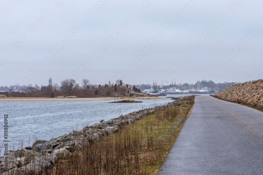 Fototapeta premium Gloomy late autumn morning at New Bedford hurricane barrier