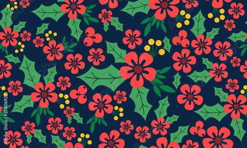 Christmas on red flower vintage pattern background  with elegant leaf flower.