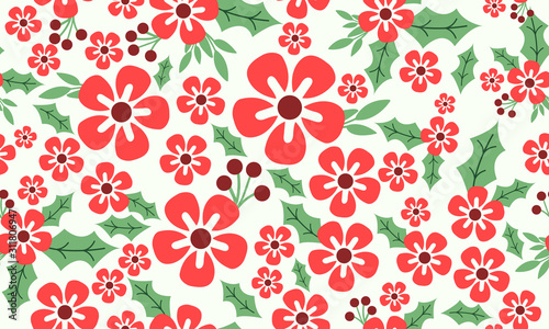 Christmas on red flower vintage pattern background, with elegant leaf flower.