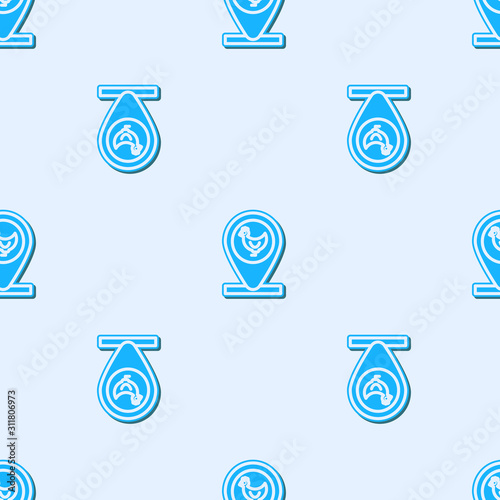 Blue line Chicken farm and location icon isolated seamless pattern on grey background. Vector Illustration