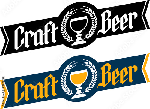 Craft Beer Banner Style Badge or Label with traditional Belgian goblet, barley wreath and gothic lettering. Includes black and white and color versions.