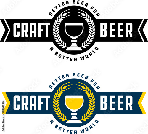 Craft Beer Banner Style Badge or Label with traditional Belgian goblet, barley wreath and gothic lettering. Includes black and white and color versions.