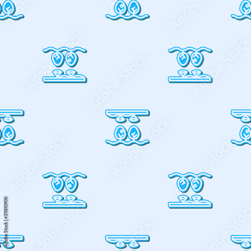 Blue line Smart farm with light bulb and plant symbol icon isolated seamless pattern on grey background. Vector Illustration