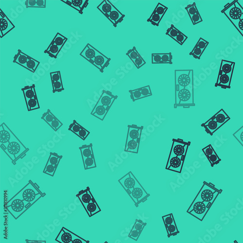 Black line Video graphic card icon isolated seamless pattern on green background. Vector Illustration