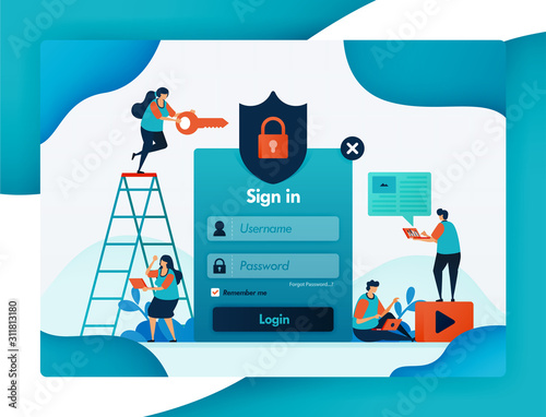 website login template for protecting user account security, secure and protection for privacy and firewall encryption for user safety, password and username. vector design flyer poster mobile apps