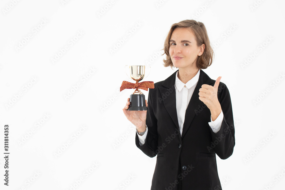Portrait of successful business woman hoding trophy on white isolated background. Portrait of successful business woman hoding trophy on white isolated background.