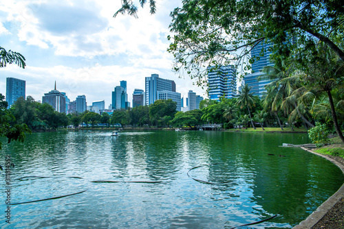 A beautiful view of Lumphini Park in Bangkok, Thailand.