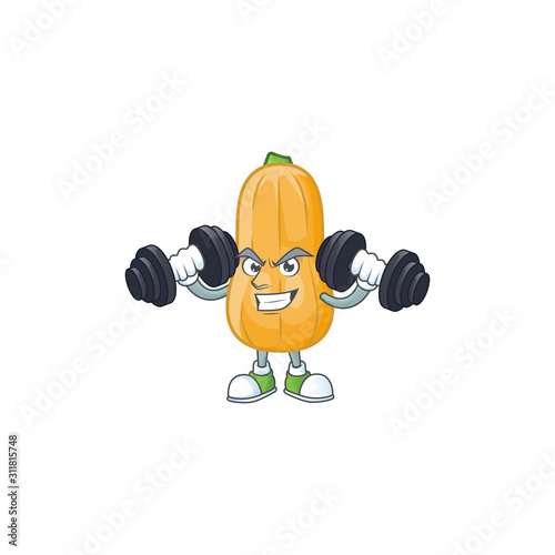 Fitness exercise butternut squash mascot icon with barbells