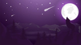 banner illustration background night landscape wolf howling at the moon in the mountains starry sky comet for decoration design