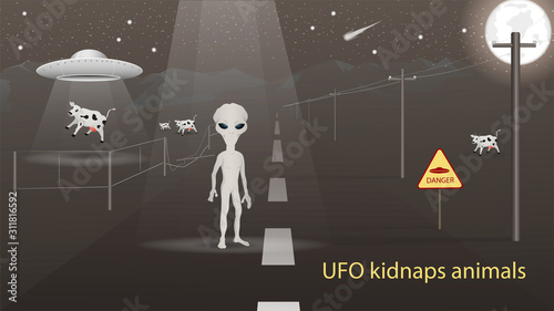 flying saucer UFO kidnap in the field animal cow beam of light alien standing on the road banner design in dark gray background