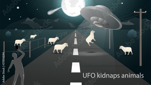 flying saucer UFO kidnap in the field animal sheep beam of light on the road and the man takes it on the phone banner design in dark gray background