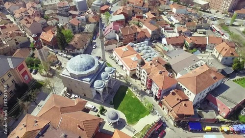 Aerial view of Sahat Kulla Prishtine and Imperial Mosque, Kosovo photo