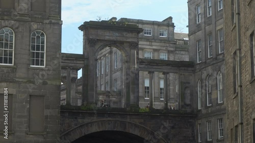 Scottish Old Historic Sandstone Building Exteriors and Bridge in Old Town of Edinburgh