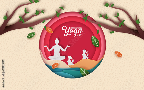 Illustration Of International Yoga Day. paper cut yoga body posture. Vector illustration