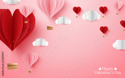 Valentines of paper craft design, contain pink hearts and clouds. Vector illustration