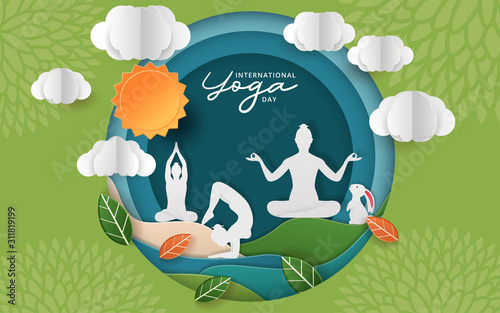 Illustration Of International Yoga Day. paper cut yoga body posture. Vector illustration