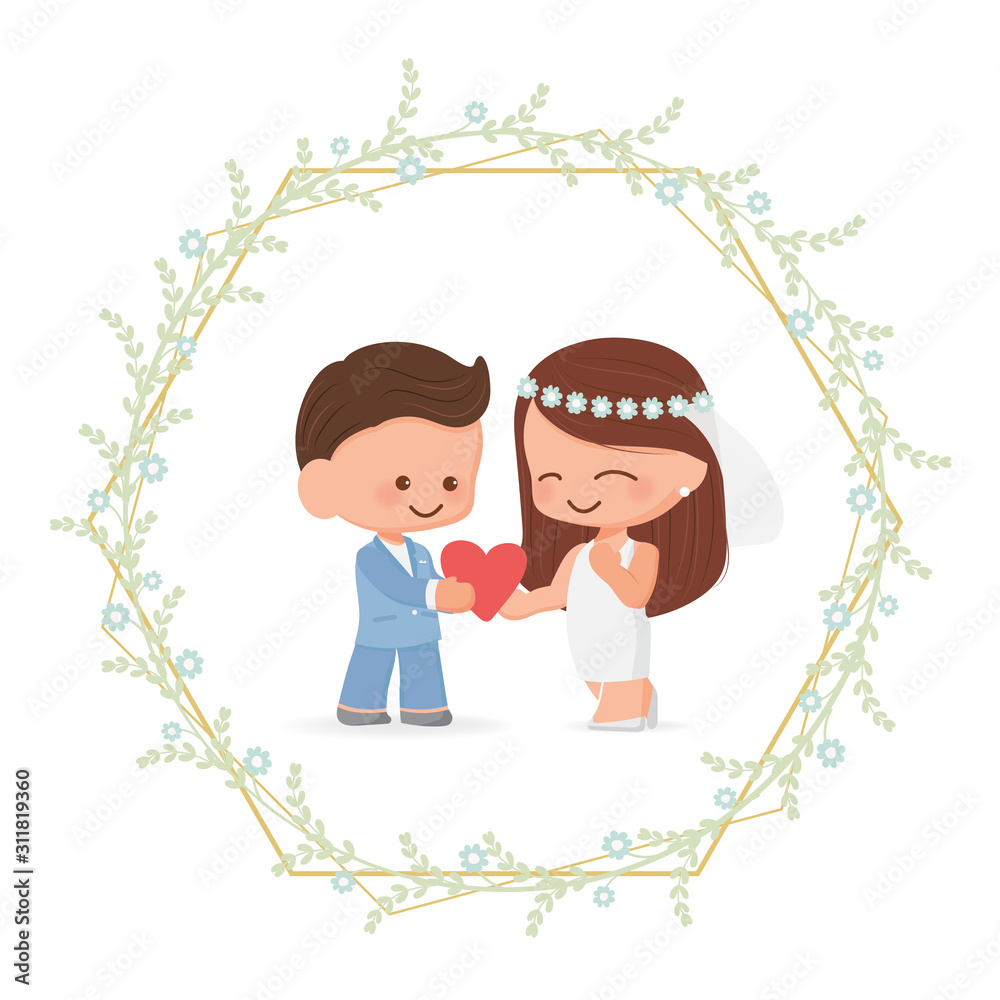 cute wedding couple in flower wreath flat style for valentine's day or wedding card eps10 vectors illustration cute wedding couple in flower wreath flat style for valentine's day or wedding card eps10 vectors illustration
