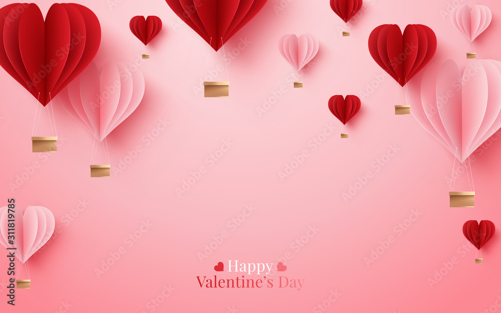 Valentines of paper craft design, contain pink hearts and clouds. Vector illustration - obrazy, fototapety, plakaty 